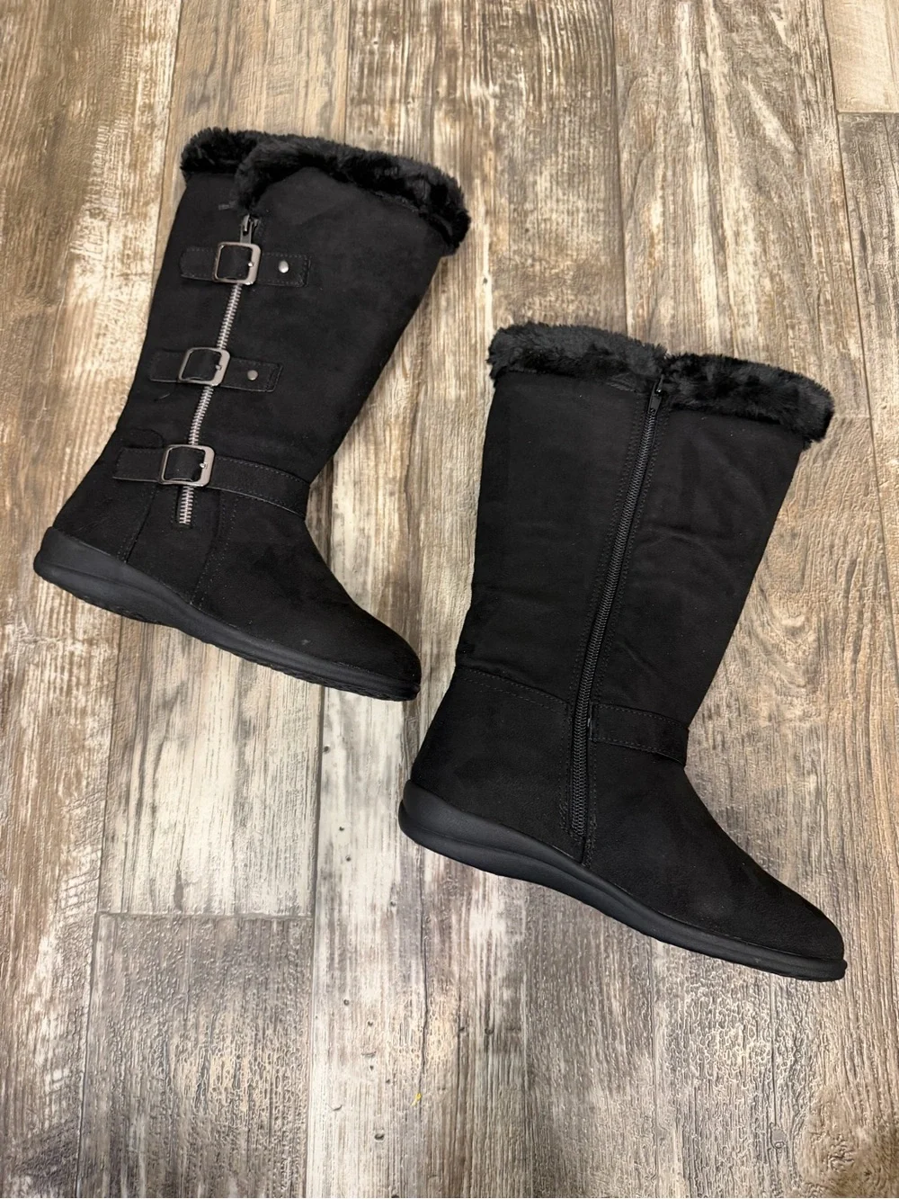 Girl’s Hot Cakes Black Faux Fur-Trim Mid-Calf Buckle Boot Size 2.5